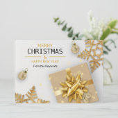 kerstballen Gold Gift Box Gold Snowflakes Feestdagenkaart (Staand voorkant)