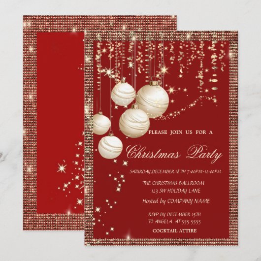 Kerstballen Gouden Lovertjes Frame Rode Kerst Kaart (Voorkant / Achterkant)