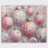 Kerstballen grillige wervelingen roze wit grijs cadeaupapier (Vlak)