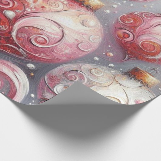 Kerstballen grillige wervelingen roze wit grijs cadeaupapier (Hoek)