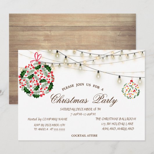 Kerstballen, Hout, kerstlampjes Kaart (Voorkant / Achterkant)