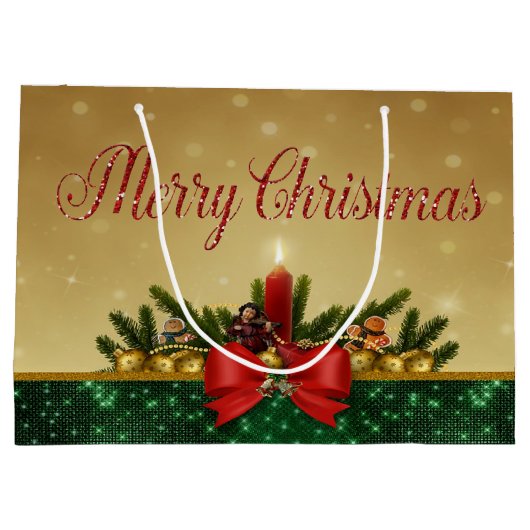 Kerstballen, kaarsje, prettige kerst groot cadeauzakje (Achterkant)