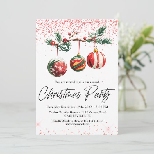 Kerstballen Kerstfeest uitnodiging (Staand voorkant)