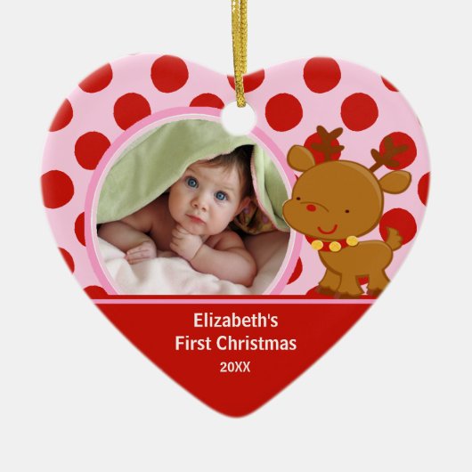 Kerstballen met baby's eerste kerstfoto en rendier keramisch ornament (Voorkant)