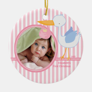 Kerstballen met ooievaar en meisje voor babys eers keramisch ornament