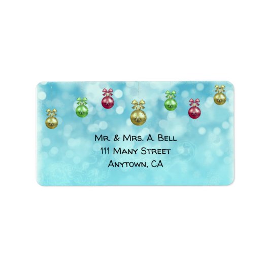 kerstballen op blauwe sneeuwvlokken etiket (Voorkant)