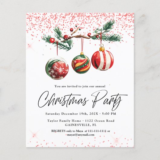 Kerstballen op een budget Kerstfeest Uitnodiging (Voorkant)