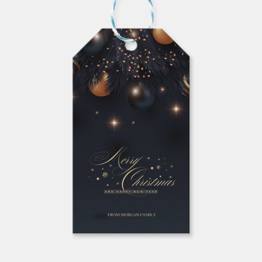 Kerstballen Pine Tree Branches Zwart Cadeaulabel (Voorkant)