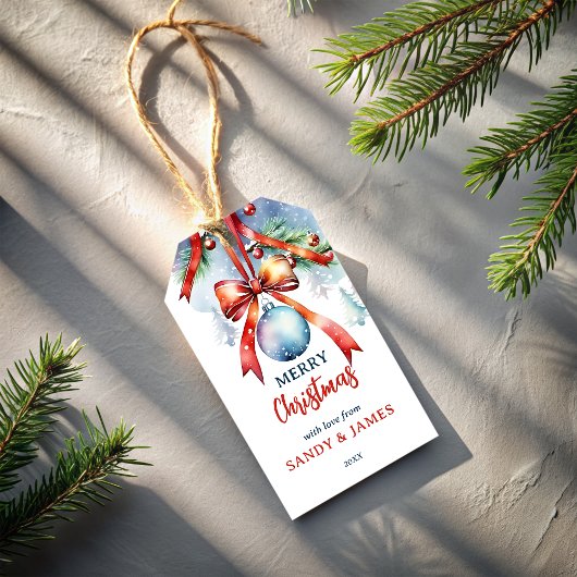 Kerstballen rode coquette strik gepersonaliseerd cadeaulabel