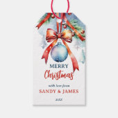 Kerstballen rode coquette strik gepersonaliseerd cadeaulabel (Voorkant)