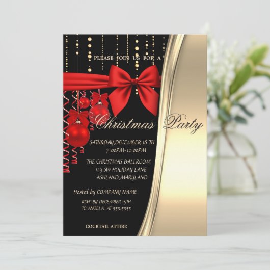 kerstballen, rood, boog, gouden partij kaart (Staand voorkant)