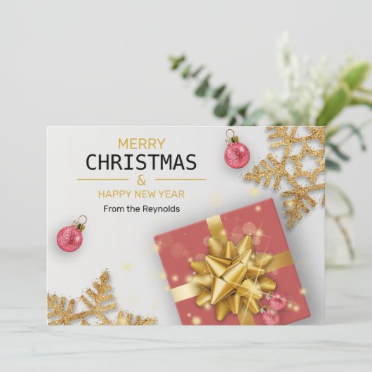 kerstballen Rood cadeaudoos Goud Snowflakes Feestdagenkaart (Staand voorkant)