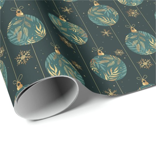 Kerstballen Sneeuwvlokken Gouden Loof Bladeren Cadeaupapier (Rol Hoek)