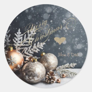 Kerstballen, sneeuwvlokken, sneeuw, grijs ronde sticker