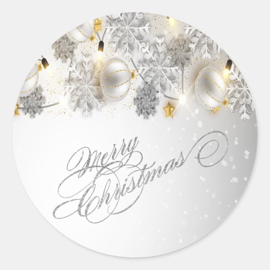 Kerstballen, Snowflakes, Lichten, Vrolijk Kerstfee Ronde Sticker (Voorkant)