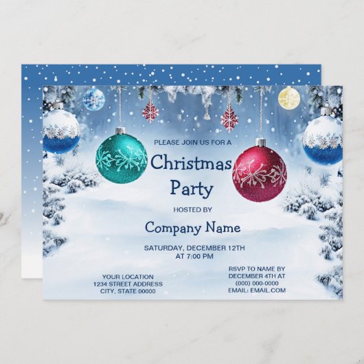 Kerstballen Snowy Holiday Party uitnodiging (Voorkant / Achterkant)