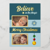 Kerstballen sterren sneeuwvlok foto's blauw folie feestdagenkaart (Voorkant)