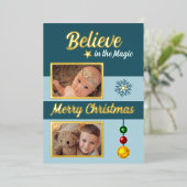 Kerstballen sterren sneeuwvlok foto's blauw folie feestdagenkaart (Staand Voorkant)