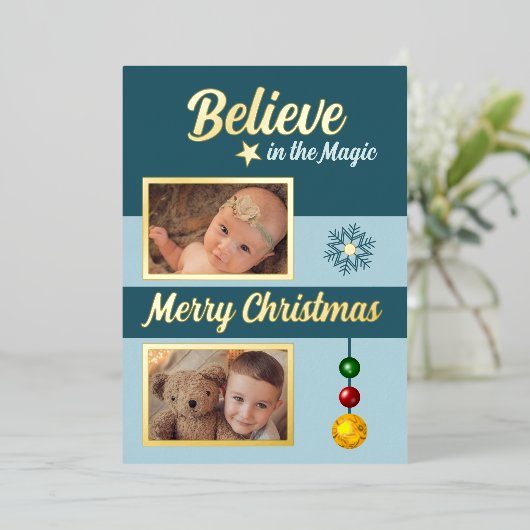 Kerstballen sterren sneeuwvlok foto's blauw folie feestdagenkaart (Staand Voorkant)
