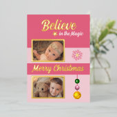 Kerstballen sterren sneeuwvlok foto's roze folie feestdagenkaart (Staand Voorkant)