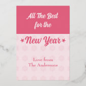 Kerstballen sterren sneeuwvlok foto's roze folie feestdagenkaart (Achterkant)