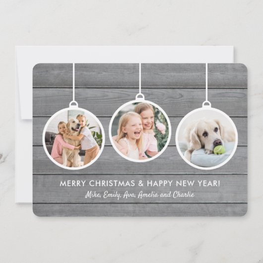 Kerstballen van hout met simpele grijze afwerking  feestdagenkaart (Achterkant)