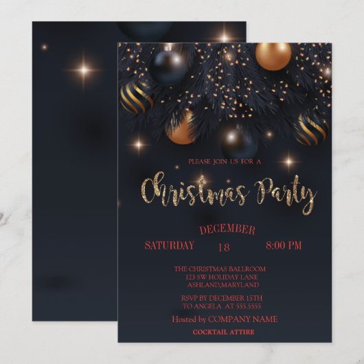 Kerstballen Zwart Bedrijfsfeest Kaart (Voorkant / Achterkant)
