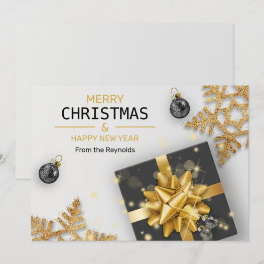 kerstballen Zwarte cadeaudoos Gold Snowflakes Feestdagenkaart (Voorkant / Achterkant)