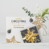 kerstballen Zwarte cadeaudoos Gold Snowflakes Feestdagenkaart (Staand voorkant)