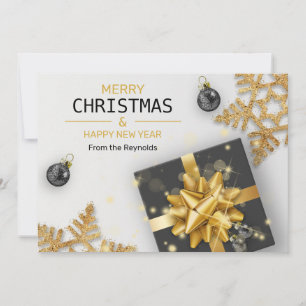 kerstballen Zwarte cadeaudoos Gold Snowflakes Feestdagenkaart