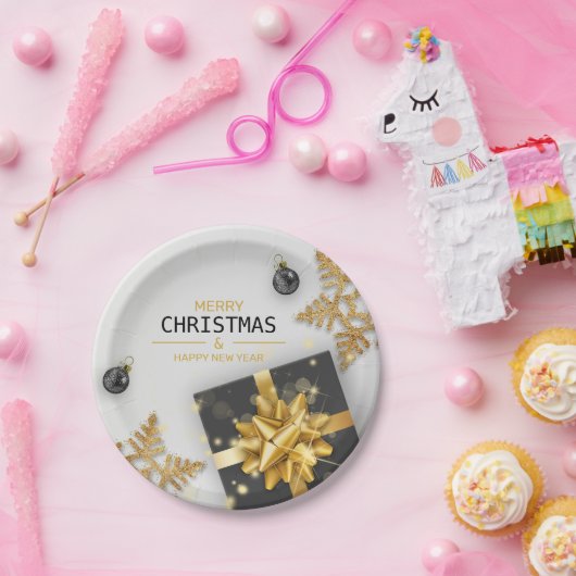 kerstballen Zwarte cadeaudoos Gold Snowflakes Papieren Bordje (Feest)