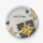 kerstballen Zwarte cadeaudoos Gold Snowflakes Papieren Bordje (Voorkant)