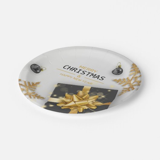 kerstballen Zwarte cadeaudoos Gold Snowflakes Papieren Bordje (Gekanteld)