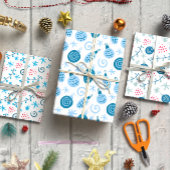 Kerstballetjes blauwe set van 3 inpakpapier vel