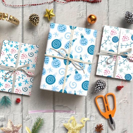 Kerstballetjes blauwe set van 3 inpakpapier vel