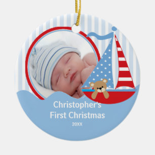 Kerstballon met foto van baby's eerste kerst zeilb keramisch ornament