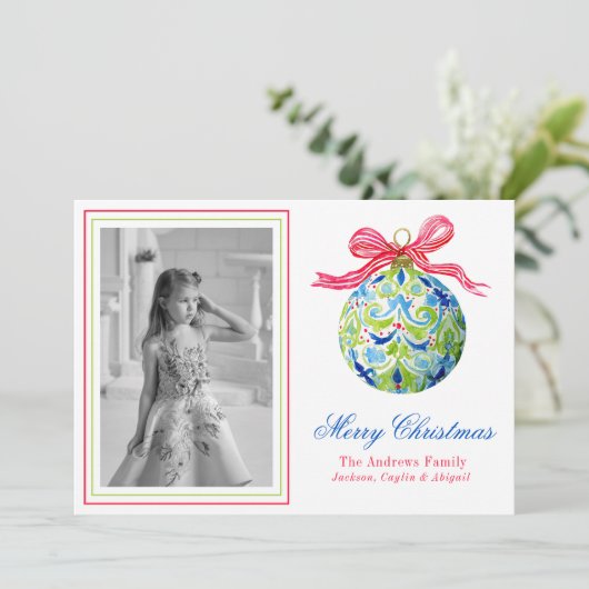 Kerstbalornamenten Foto Vakantie Feestdagenkaart (Staand voorkant)