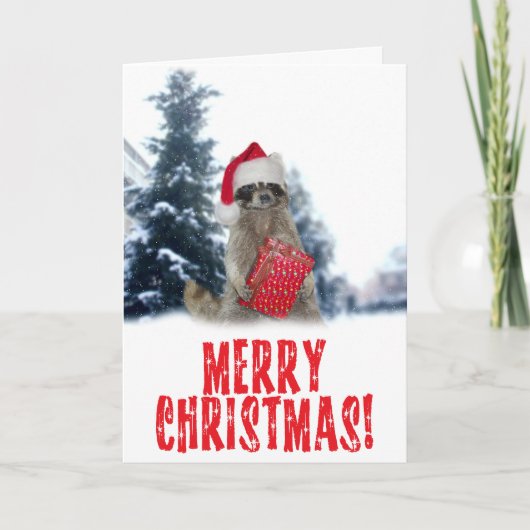 Kerstbandit Raccoon met Cadeau Feestdagen Kaart (Voorkant)