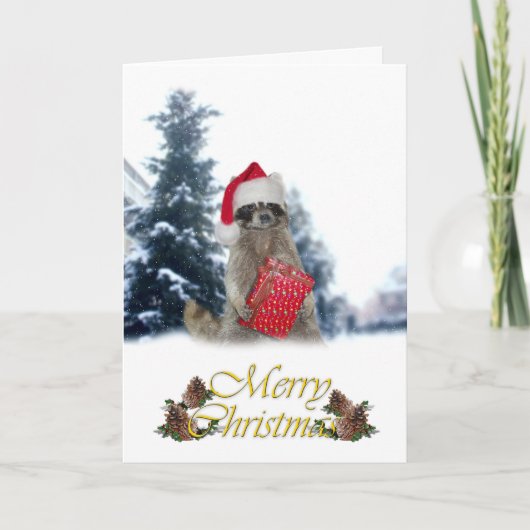 Kerstbandit Raccoon met Cadeau Feestdagen Kaart (Voorkant)