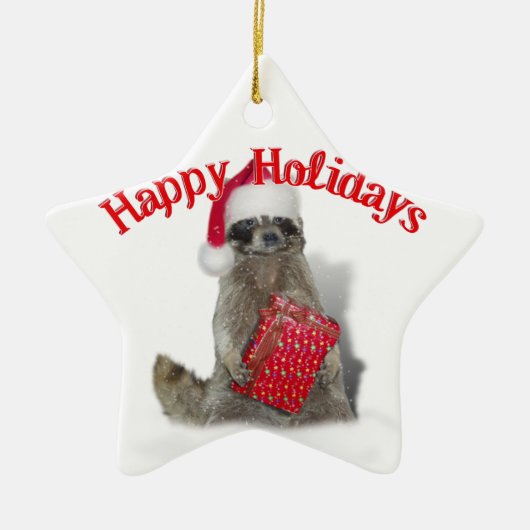 Kerstbandit Raccoon met Cadeau Keramisch Ornament (Voorkant)