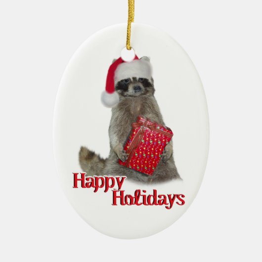 Kerstbandit Raccoon met Cadeau Keramisch Ornament (Voorkant)