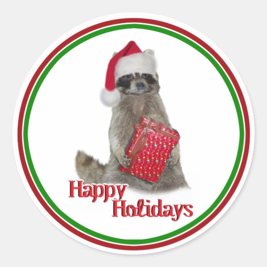 Kerstbandit Raccoon met Cadeau Ronde Sticker (Voorkant)