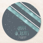 Kerstbandpatroon Blauwgroen/wit ID862 Ronde Kartonnen Onderzetter (Voorkant)