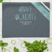 Kerstbandpatroon Blauwgroen/wit ID862 Theedoek (Gevouwen)