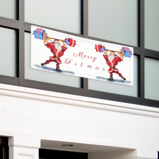 kerstbanner Bodybuilder kerstman met cadeaus Spandoek (Buitenkant Gebouw)