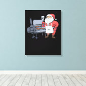 Kerstbarbecue Santa Claus Grill Smoker Steak Canvas Afdruk (Insitu (Houten vloer))