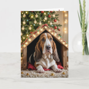 Kerstbassethond in een hondenhok kaart