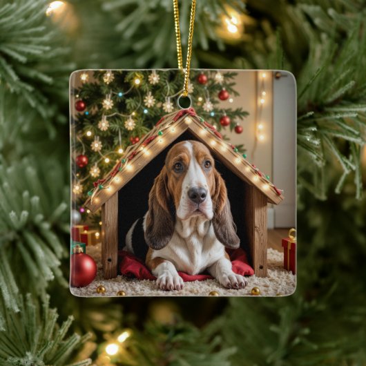 Kerstbassethond in een hondenhok keramisch ornament (Boom)