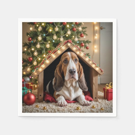 Kerstbassethond in een hondenhok servet (Voorkant)