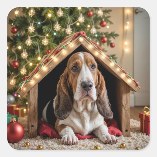 Kerstbassethond in een hondenhok vierkante sticker (Voorkant)